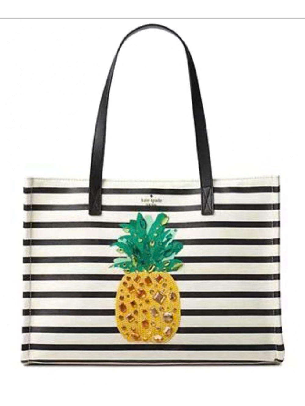 kate spade Black & White Striped Tote with Yellow Pineapple Applique
